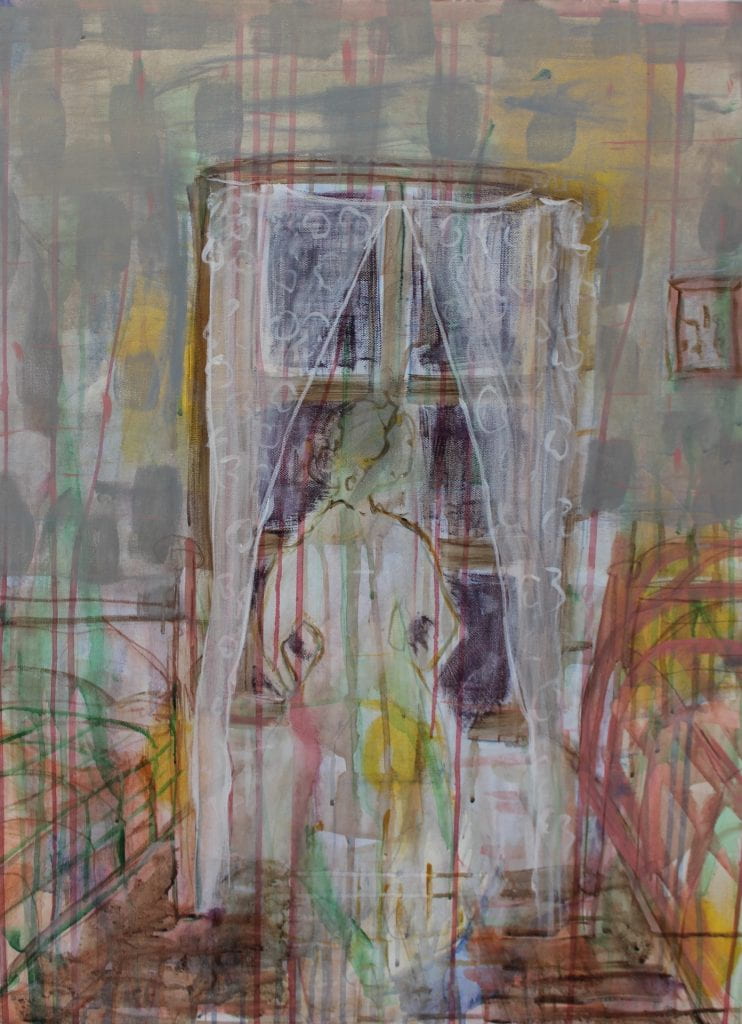 Acrylic painting on canvas depicting a woman facing a window in-between parted white net curtains. There are two beds either side of the woman. Impressionistic smudges of grey, yellow, green and pink.