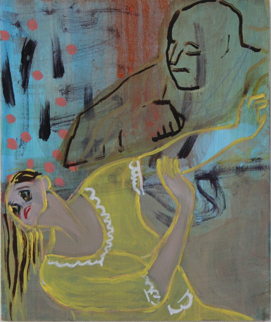 Painting of woman in yellow dress, white trim, black eyes, red lips, being dominated by a dark black outline of a fist and face above her. She is falling. 