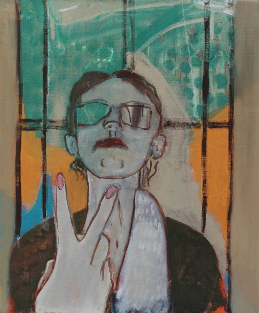 Painting of a woman taking revenge - two fingers (nails painted pink) up. Chin raised. Dark glasses. 