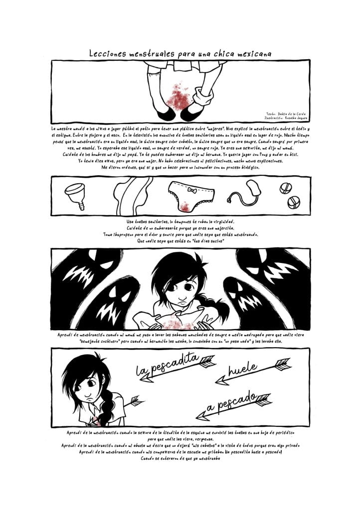 Graphic representation of a girl's experience of menstruation in Mexico. Arrows shooting at her and ghosts haunting her.